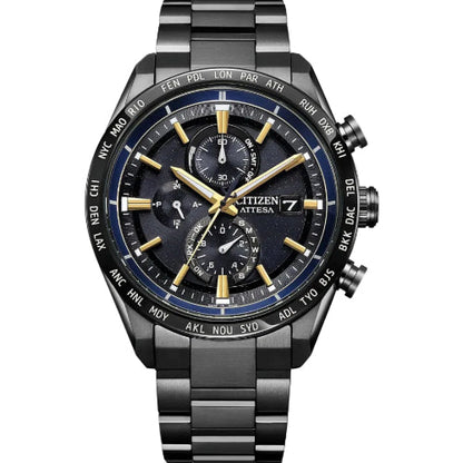 [CITIZEN] 腕時計 ATTESA (電波時計/防水/サファイアベゼル) AT8294-59E 軽量 チタン 光発電エコ・ドライブ サファイアガラス メンズ ビジネス アナログ クロノグラフ ブラック 黒 黒文字盤 電波ソーラー