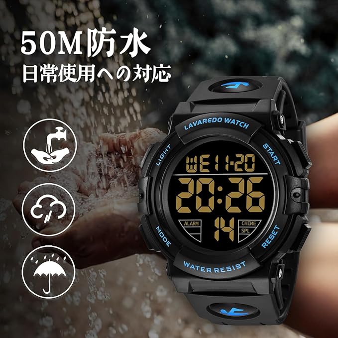 腕時計 メンズ デジタル 50メートル防水 日付 曜日 アラーム LED表示 多機能付き 防水腕時計 デジタル腕時計 スポーツウォッチ おしゃれ アウトドア 取扱説明書付き
