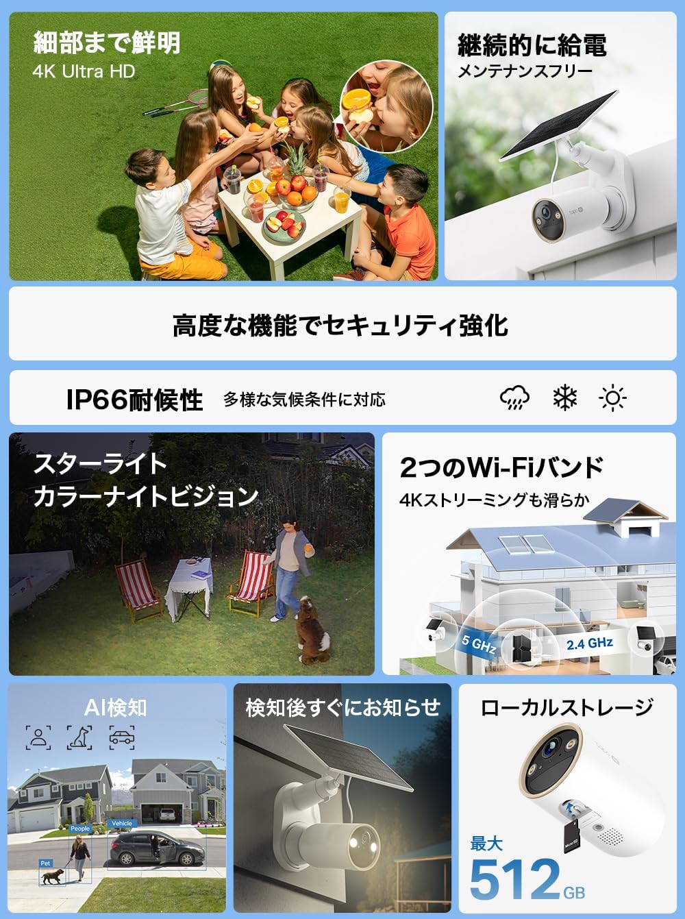 TP-Link Tapo 防犯カメラ ソーラー 見守りカメラ Wi-Fi フルワイヤレス 充電式 4K 8MP IP66 防水防塵 フルカラー Tapo C460 KIT