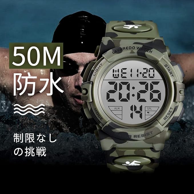 腕時計 メンズ デジタル 50メートル防水 日付 曜日 アラーム LED表示 多機能付き 防水腕時計 デジタル腕時計 スポーツウォッチ おしゃれ アウトドア 取扱説明書付き