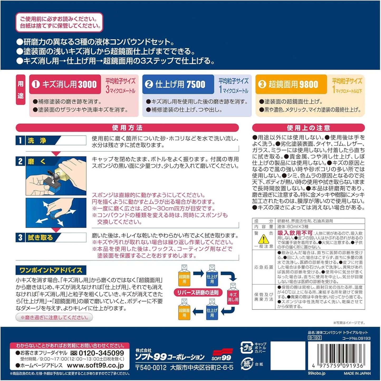 ソフト99(SOFT99) 99工房 補修用品 ECO 液体コンパウンドトライアルセット 環境へ配慮した紙製パッケージ採用 塗装面のキズ消し 仕上げ 鏡面仕上げ用 専用スポンジ 79200